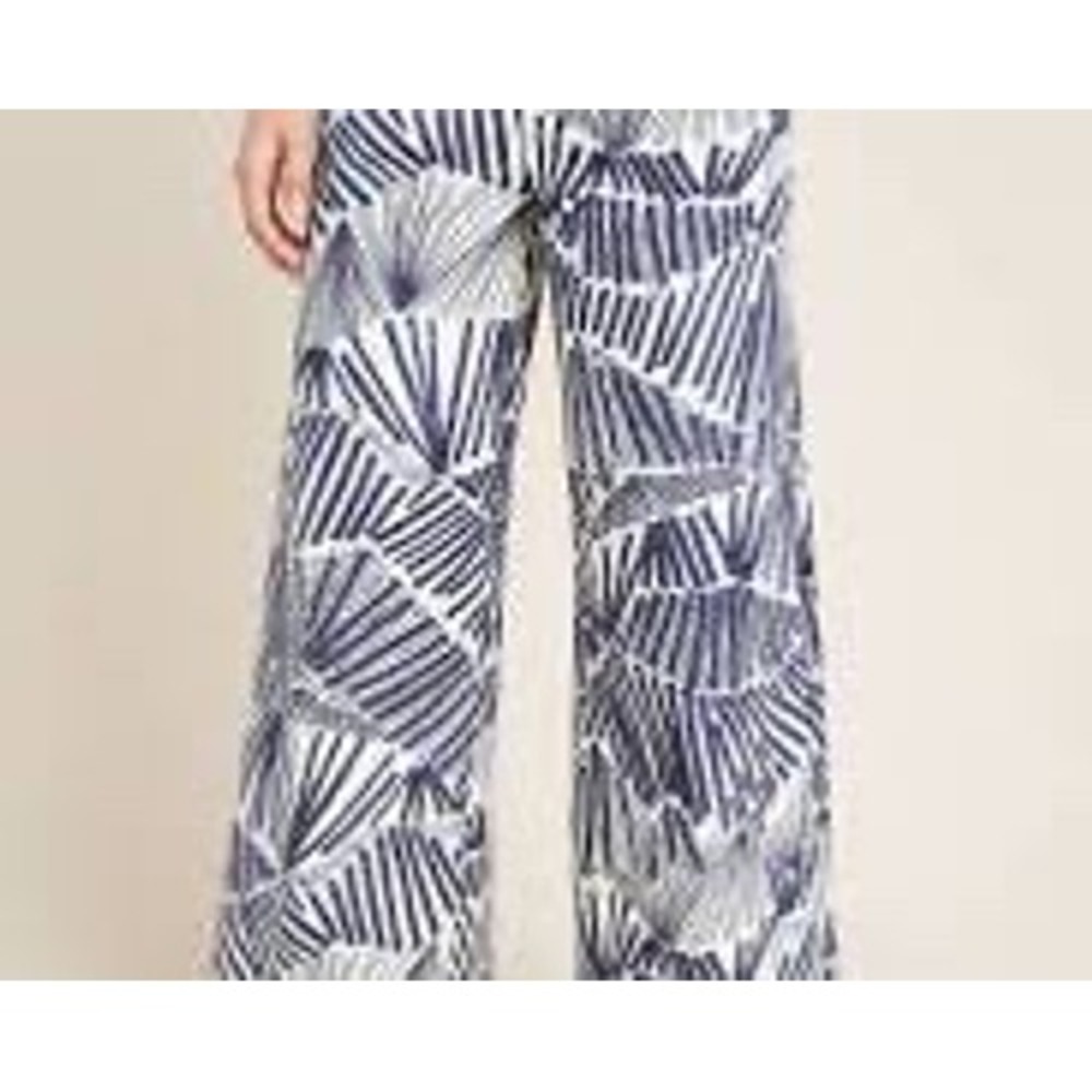 Anthropologie Wide Leg Navy Blue White Geometric Fan Print Size 8 High Rise